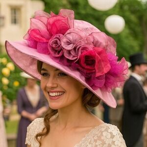 Floral‎ Derby Hat Wide Brim Occasion Church Wedding Pink Embellished